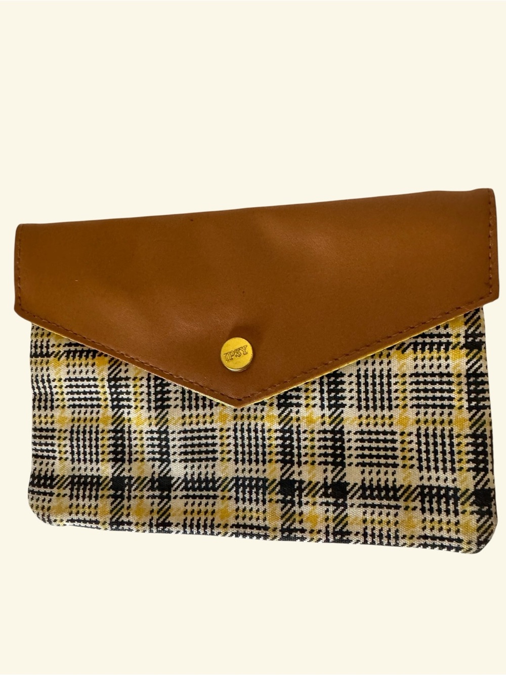 Retro Ipsy Yellow Plaid Envelope Clutch with Brown Faux Leather Flap